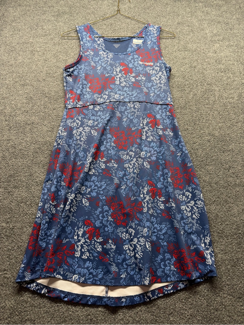 Columbia Navy Blue Floral Sleeveless A-Line Dress with Red & White Flowers